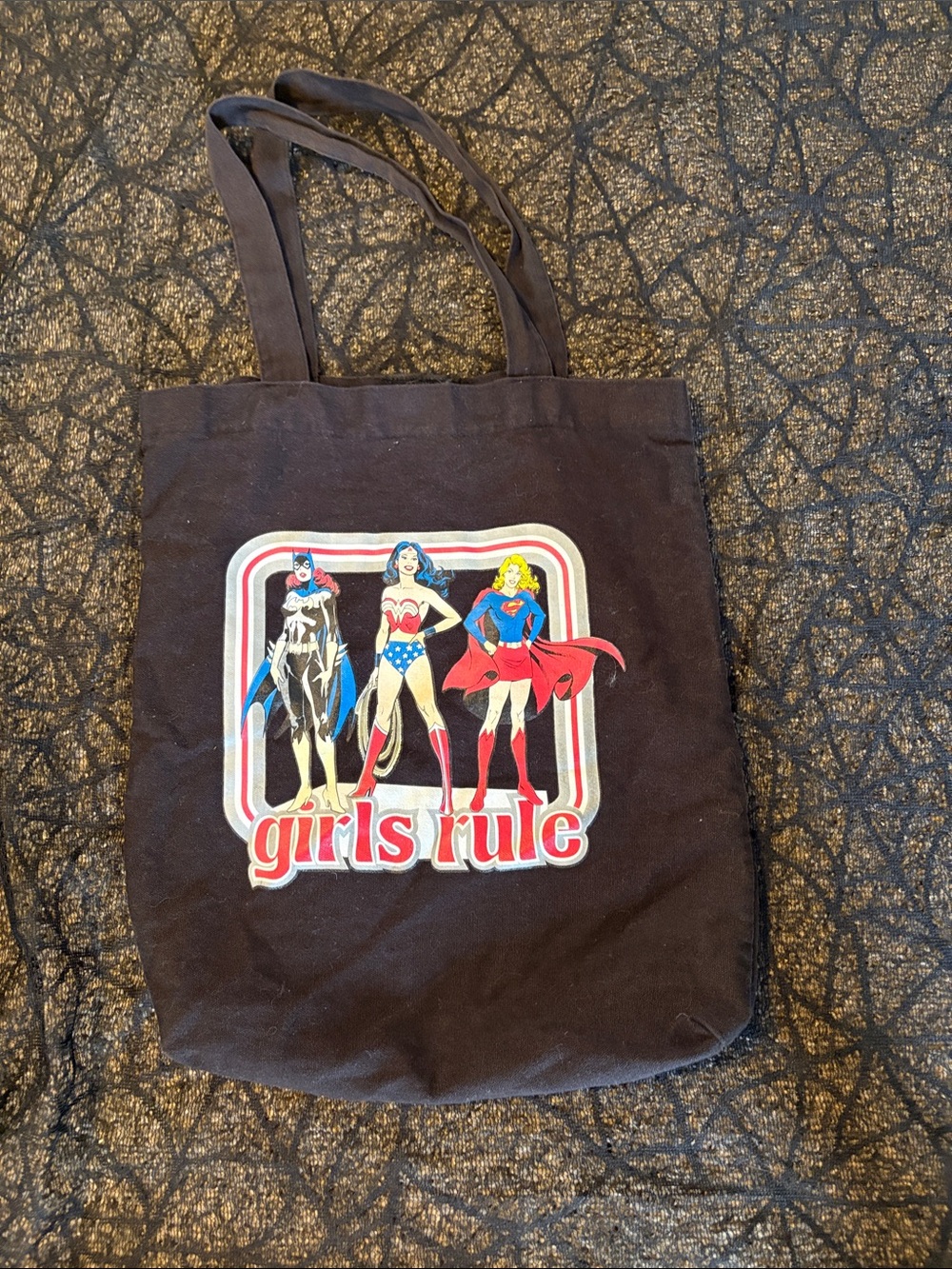 Girls Rule Black Graphic Tote Bag featuring Superhero Design